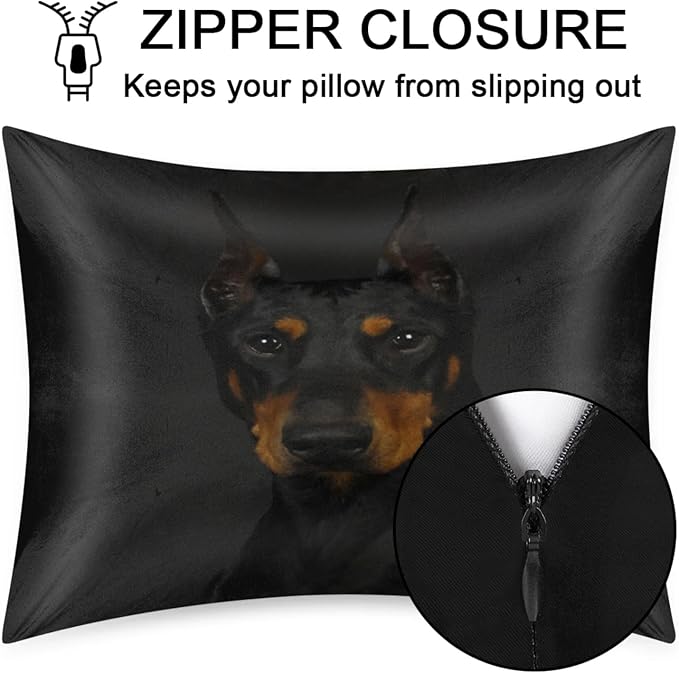 Doberman Dog Silky Satin Pillowcase for Hair & Skin, Bed Pillow Cases with Hidden Zipper Soft Breathable Pillow Covers for Sleeping Standard Size, 20x26in