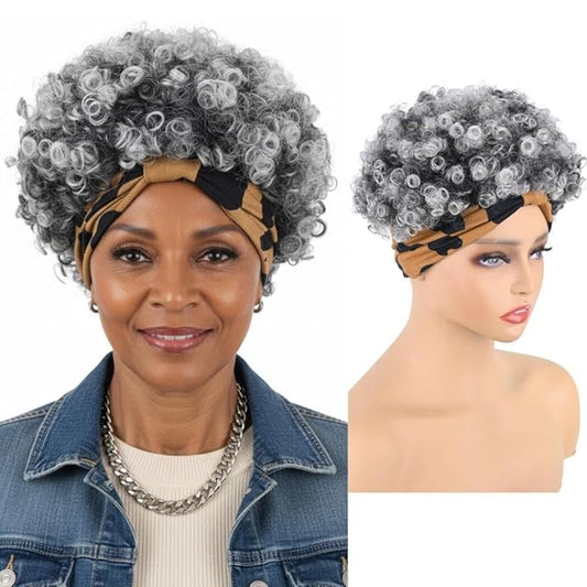 Grey Afro Headband Wig Short Afro Kinky Curly Wigs for Black Women Glueless Salt And Pepper Afro Wigs with Headbands Attached Synthetic with 2 Clips