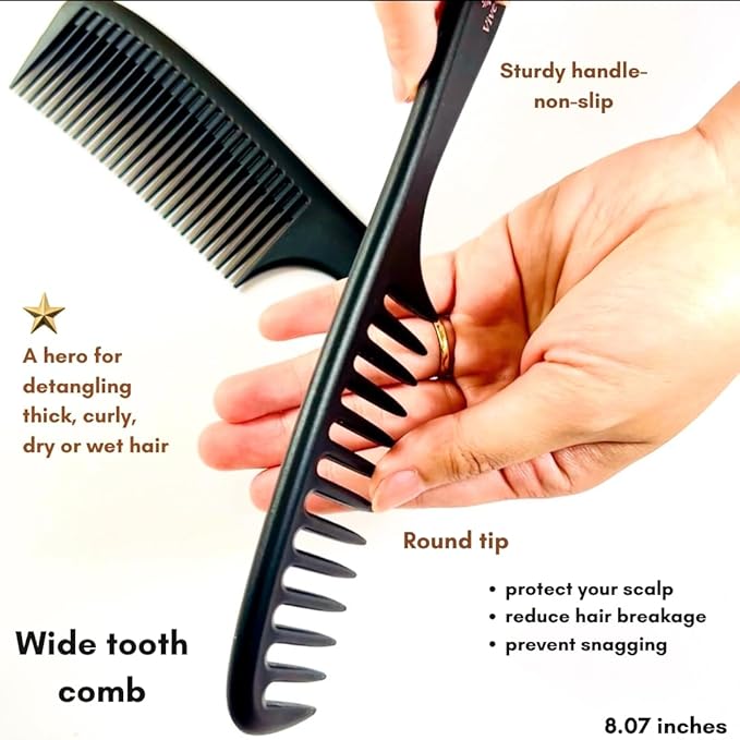 VIVEDGE| Curly Hair Carbon Comb Set | Carbon Fiber Detangler Wide Tooth Parting Combs anti static frizz-free with Premium Acccessories for Styling | Gift for loved ones (Black-Pink)