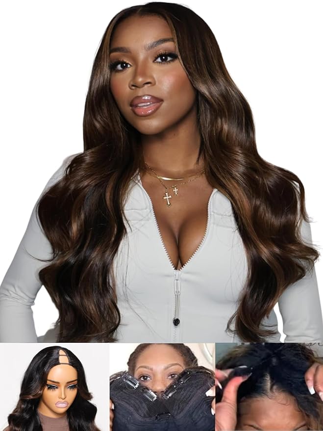 Julia Hair 12A Ombre Highlight V Part Wig Body Wave Human Hair Wigs Upgrade U Part Shadow Root Balayage Glueless Virgin Hair Clip in Half Wig No Gel No Leave Out No Sew-in Beginner Friendly 20 Inch