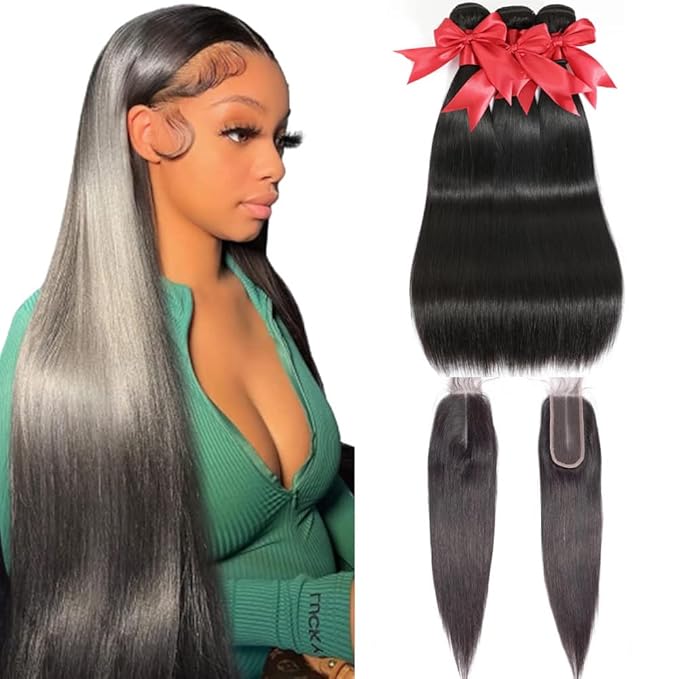 2x6 HD Lace Closure with Bundles Human Hair 16 18 20+14 Inch 12A Brazilian Straight Human Hair Bundles with 2x6 Closure 100% Unprocessed Virgin Weave Hair Extensions