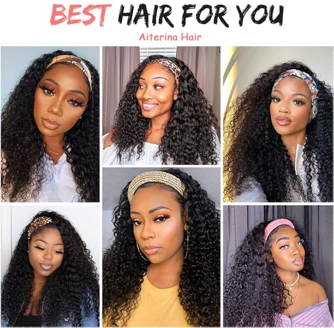 Aiterina Deep Wave Headband Wig 10 Inch Glueless Human Hair Wigs Machine Made No Lace Curly Hair Wigs Headband Wig Natural color