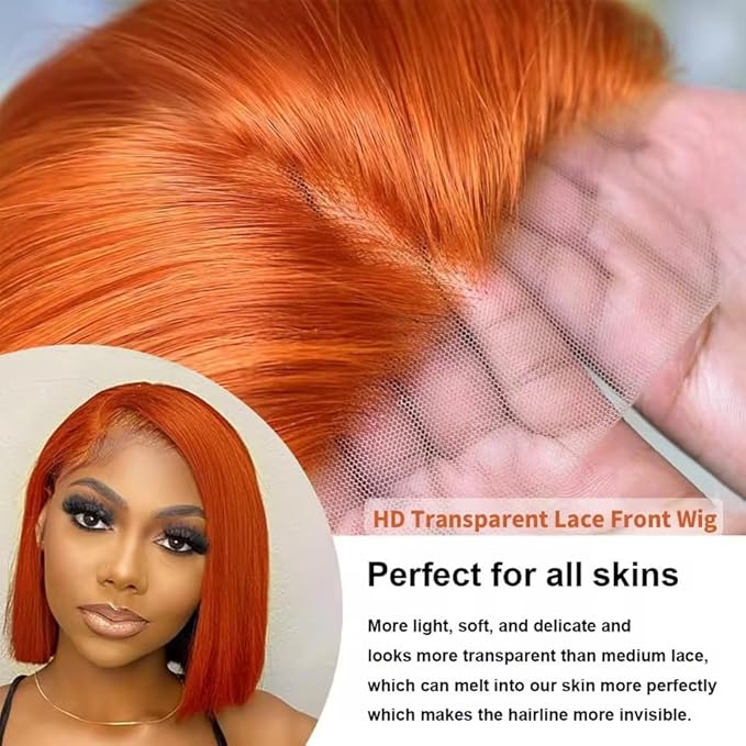 250% Density Ginger Bob Lace Front Wig Human Hair 13x4 Orange HD Lace Closure Human Hair Wig Pre Plucked with Baby Hair Short Ginger Straight Bob Colored Wig for Women 16 Inch