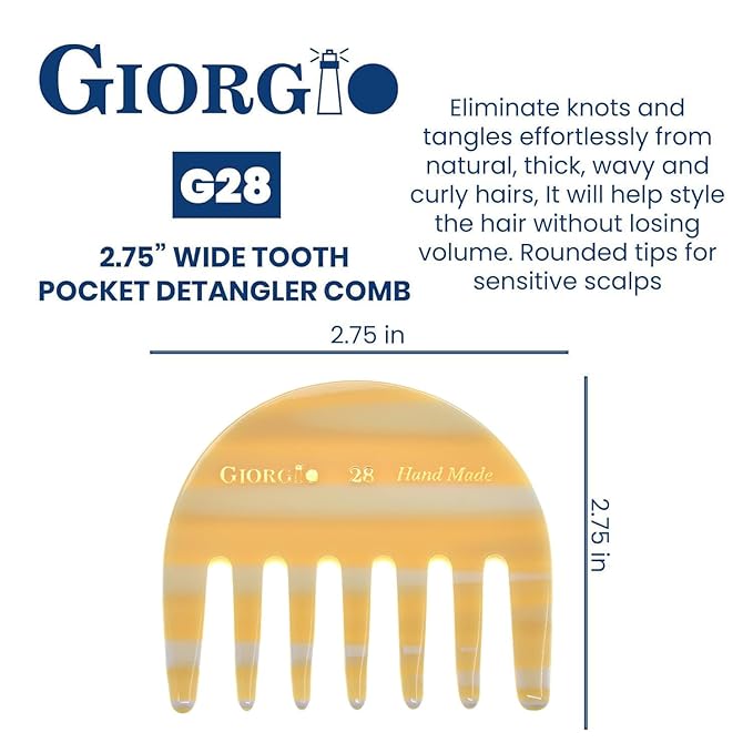 Giorgio G28 Detangling Comb, Pocket and Travel Comb for Thick Hair - Hair Detangler for Wet and Dry Everyday Care. Handmade, Saw-Cut, and Polished