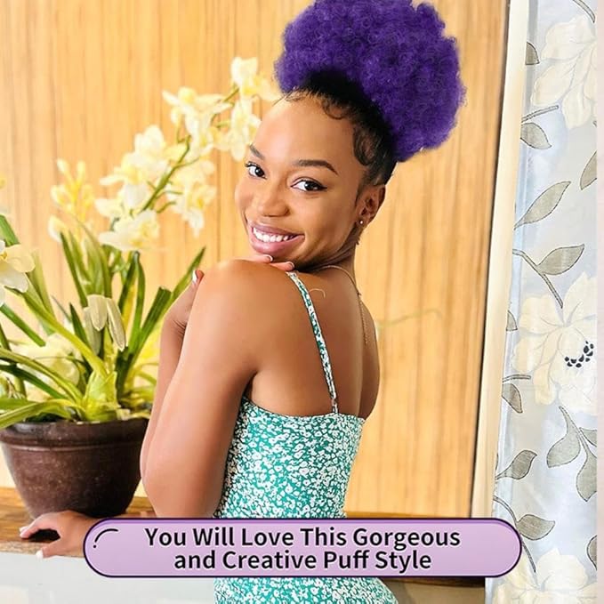 YEAME Short Kinky Curly Synthetic Afro Puff Drawstring Ponytail for Black Women and Girls (2404 Purple)