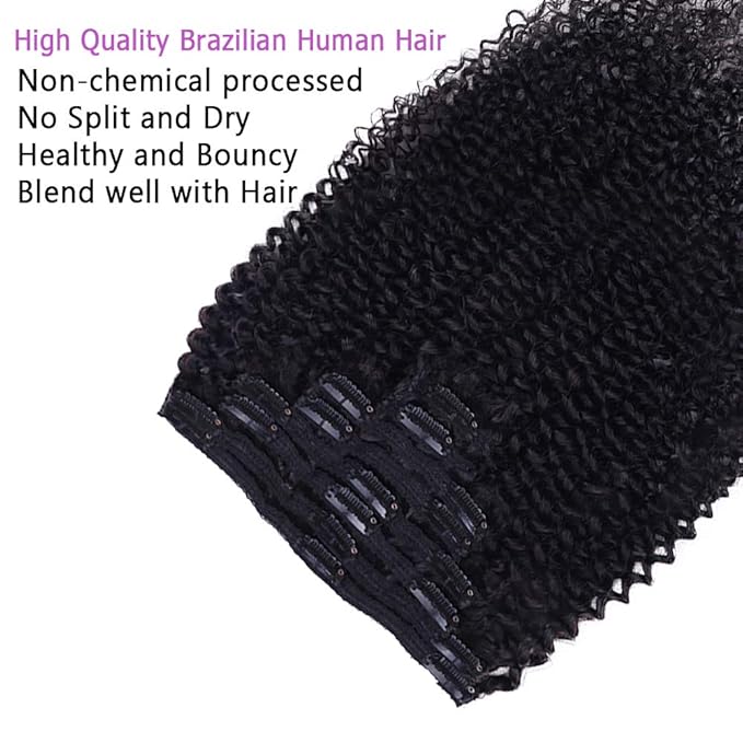 Curly Clip In Extension Human Hair 3C 4A Kinky Curly Clip Ins Full Head for Black Women Brazilian Remy Human Hair Natural Color 8Pcs with18clips 120g/Set (14 inch, curly wave)