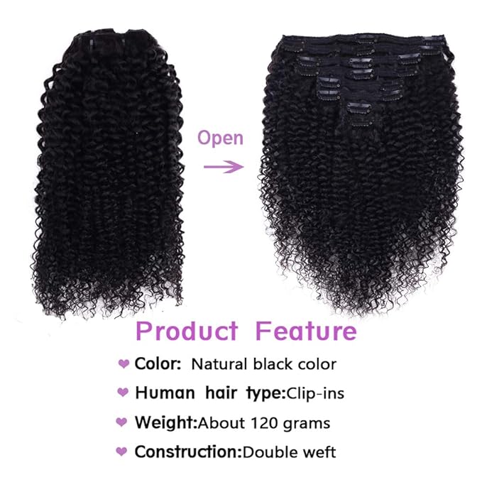 Curly Clip in Hair Extensions For Black Women Brazilian Virgin Human Hair Clip in Extensions for Women 8Pcs Remy Hair with 18Clips 120g 24inch Natural Black
