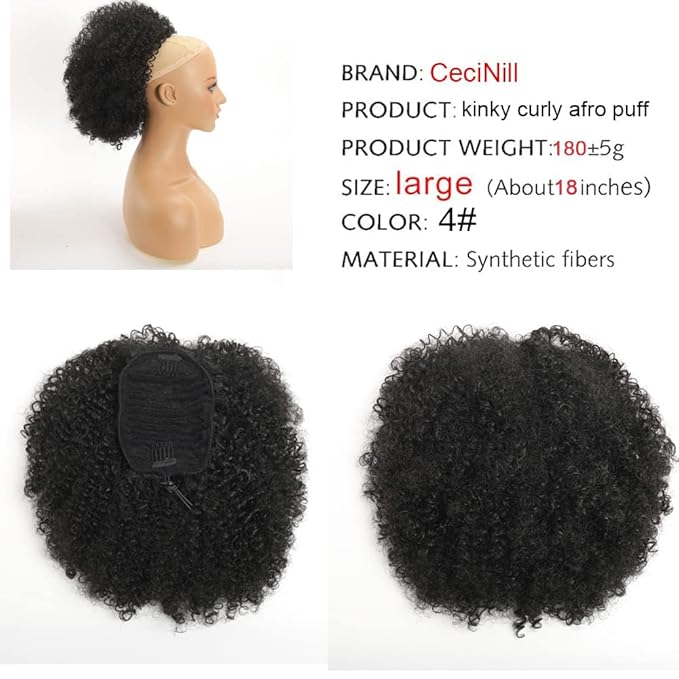 Afro Puff kinky curly Drawstring Ponytail Extension for Black Women Synthetic Short Afro Kinkys Curly Afro Bun Extension Hairpieces Updo Hair Extensions with Two Clips(4#)