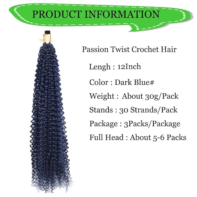Passion Twist Hair Extensions Dark Blue Curly Crochet Hair 12 Inch Short Curly Braiding Hair 3 Packs Crochet Braids with Curls for Black Women(12",Dark Blue)