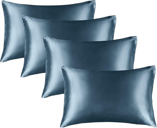 BEDELITE Satin Pillowcase for Hair and Skin, Super Soft Similar to Silk Pillow Cases 4 Pack with Envelope Closure, Cooling Pillowcases for Women Men (20"x36" King Size, Bluesteel)