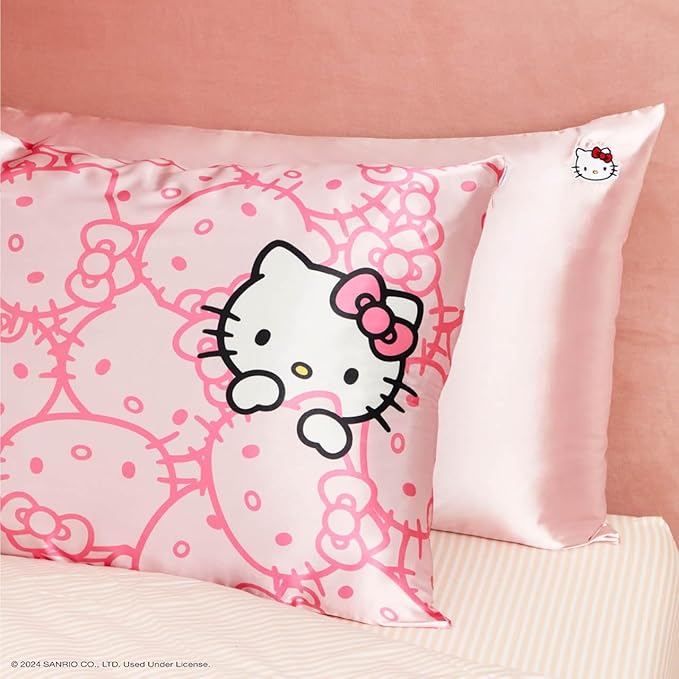 Kitsch x Hello Kitty Pillow Case – Solid Pink Kitty Face Toddler Bed Time Satin Pillowcase with Zipper – Soft Cooling Pillow Cover for Hair & Skin – Better Than Silk Pillowcase – Queen/Standard 19x26
