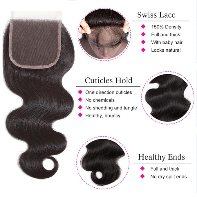 YISEA Body Wave Bundles with Closure 100% Unprocessed Brazilian Virgin Human Hair 4 Bundles with 4x4 Lace Closure（24 26 28 30+22）Body Wave Hair Free Part Natural Black Color