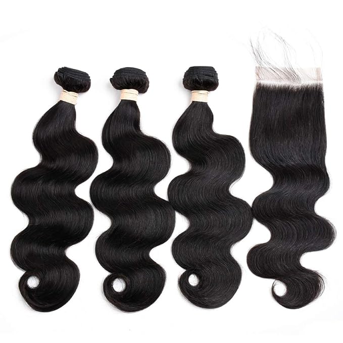 Body Wave 3 Bundles with Closure (20 22 24 with 18 Free Part Closure) Brazilian Virgin Hair 100% Unprocessed Human Hair Bundles with Lace Closure Brazilian Body Wave Natural Black Hair