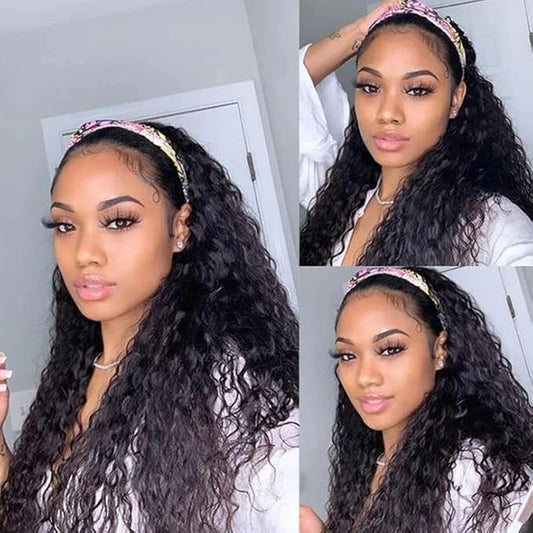 SENSAIRUITE Headband Wig Human Hair 26 Inch Deep Wave Headband Wigs for Black Women 180% Density Wear and Go Glueless Curly Wig Natural Color