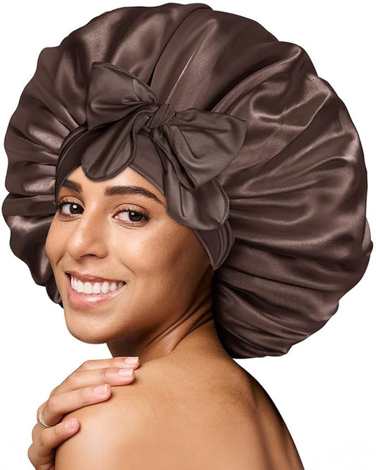 BONNET QUEEN Silk Bonnet for Sleeping Women Big Satin Bonnet Night Sleep Cap Wrap for Curly Hai rwith Adjustable Tie Band, Single Layer, Large, Chocolate