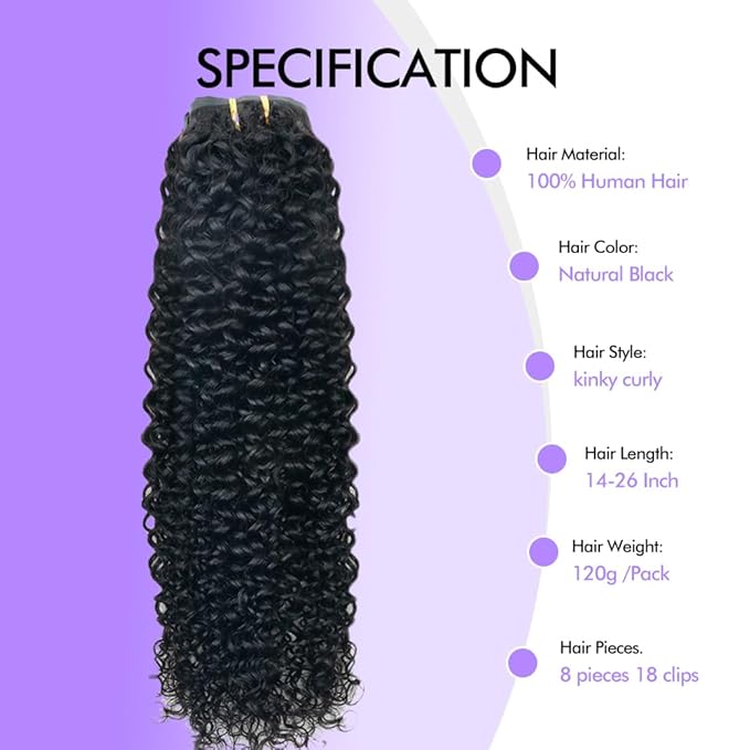 Seamless 3C 4A Kinky Curly Clip In Extension PU Weft Curly Clip in Extension Human Hair Clip Ins Full Head for Black Women Brazilian Remy Human Hair Natural Color 8Pcs with18clips 120g/Set (14 inch)