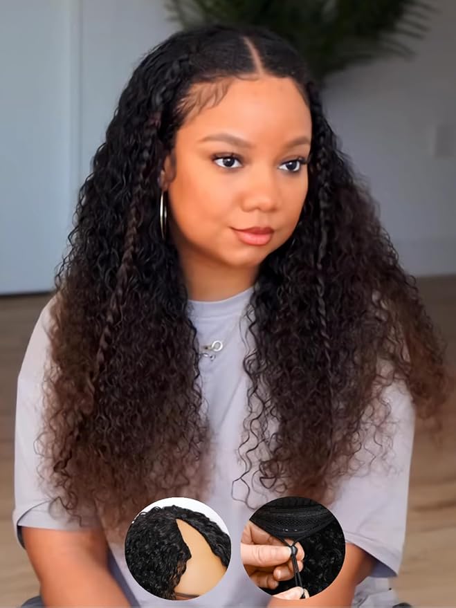 Julia Hair EasiContour V Part Curly Wigs Human Hair 12A Ombre Black to Chestnut Brown Glueless Wigs Clip in Vpart Wig No Leave Out Upgrade U Part Wig Beginner Friendly Ready to Go 18 Inch