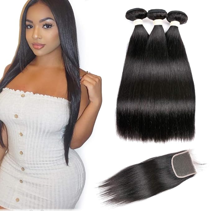 Straight Hair 3 Bundles with Lace Closure (20 22 24 +18 Free Part Closure) Brazilian Virgin Human Hair Weave 100% Unprocessed Human Natural Black Straight Remy Hair Extensions