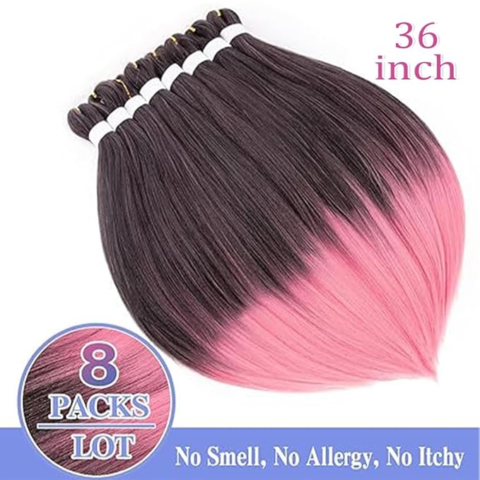 8 Pack Ombre Braiding Hair Pre Stretched - 36" 110G/Pack Premium Pre Stretched Braiding Hair Extensions, Professional Itch Free Hot Water Setting Perm Yaki Texture Prestretched Hair(1Bpink)