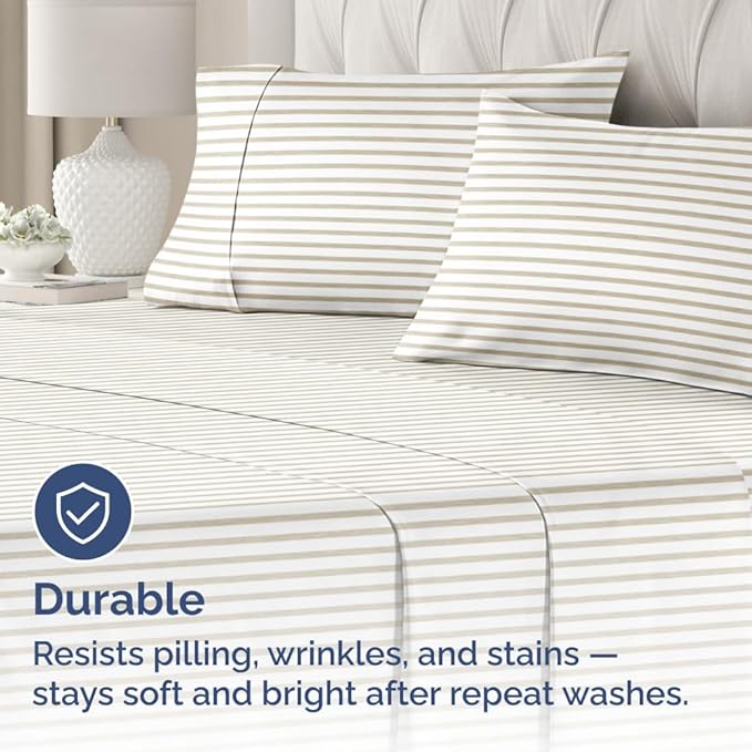 King Pillow Cases Set of 2 - Ultra Soft Hotel Quality Pillowcase Covers - Comfy, Cozy & Wrinkle Free - Shrinkage and Fade Resistant - Machine Washable Pillow Protectors - 2 Piece Set - Beige Stripes 2