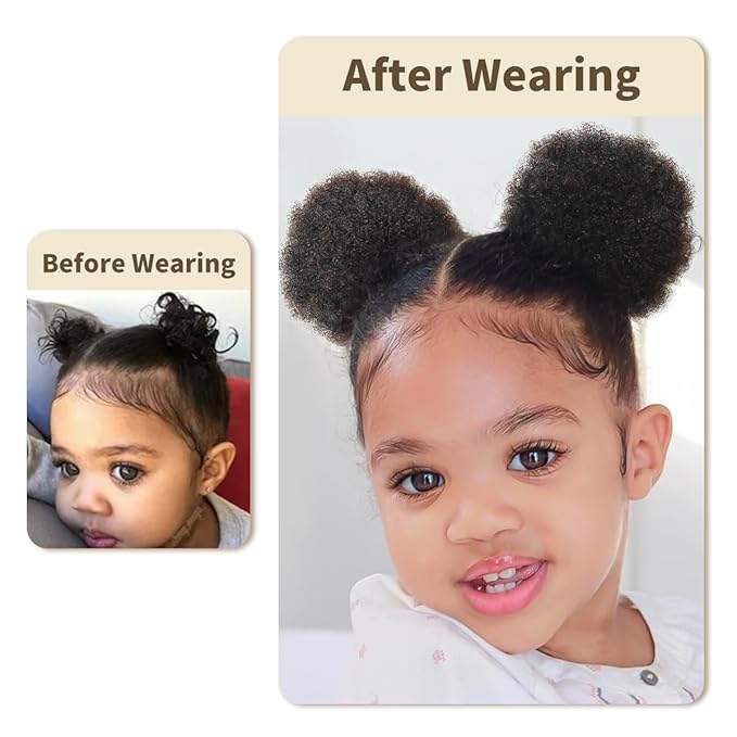 isheeny Natural Black Curly Ponytail Extension Human Hair Large Drawstring Ponytail 2pcs For School Children, An Innovative Design For African Puffs, Delicate And Cute Loose Kinky Curls Hairpiece