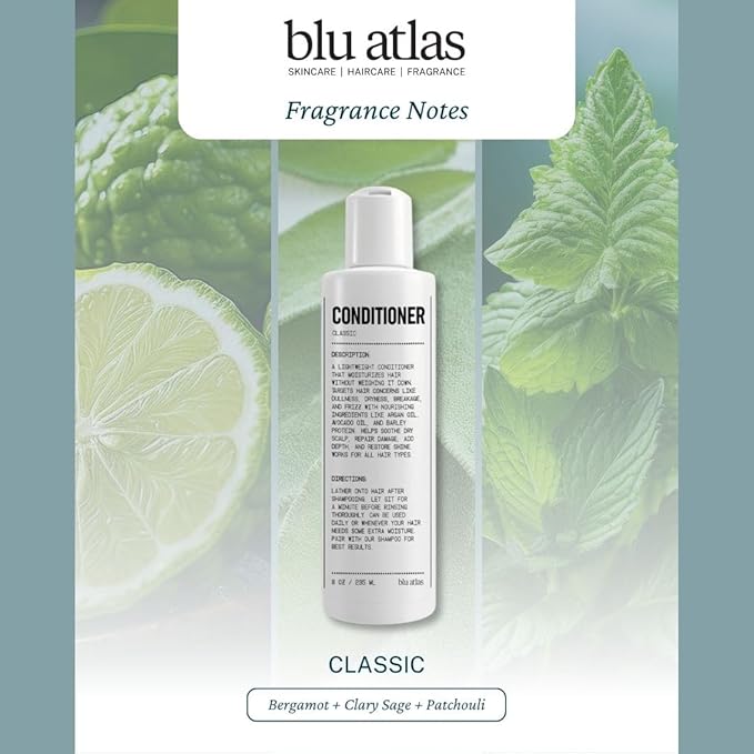 Blu Atlas Men's Natural Conditioner – Organic, Sulfate-Free, Paraben-Free – Deep Moisturizing & Scalp Soothing – Classic Scent (Bergamot, Sage, Patchouli) – Made in America – 8 oz