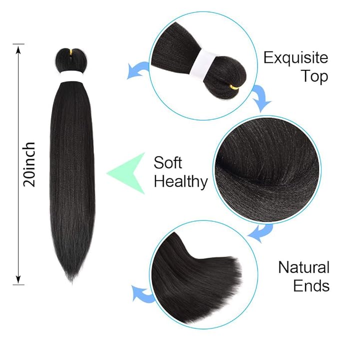 8 Pack Pre Stretched Braiding Hair - 20" 80G/Pack Premium Braiding Hair Pre Stretched Extensions, Professional Itch Free Hot Water Setting Perm Yaki Texture Prestretched Hair (#1B)