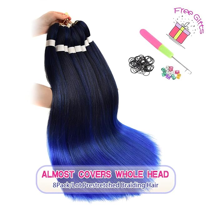 8 Pack Ombre Braiding Hair Pre Stretched - 26" 100G/Pack Premium Pre Stretched Braiding Hair Extensions, Professional Itch Free Hot Water Setting Perm Yaki Texture Prestretched Hair(1B/Blue)