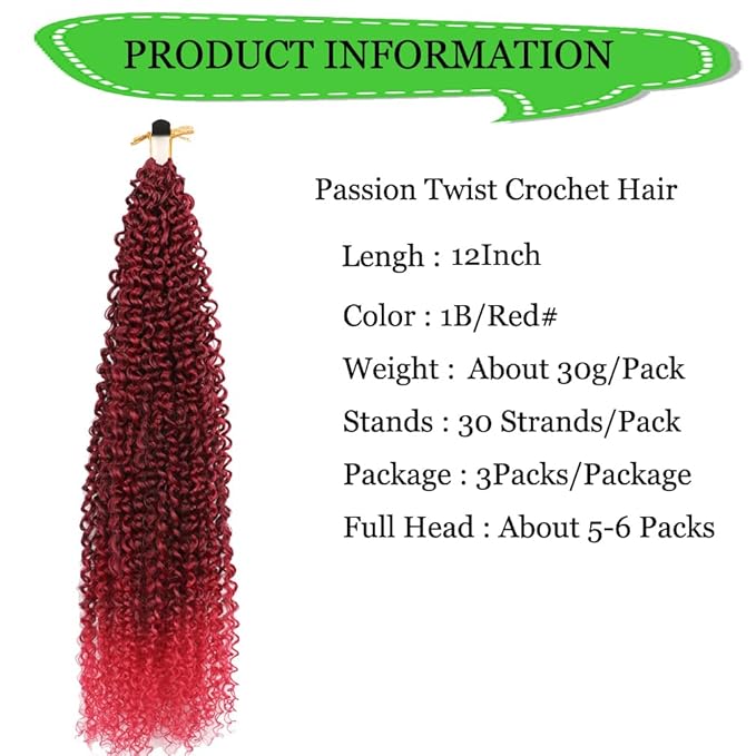 Passion Twist Hair Extensions Black to Red Curly Crochet Hair 12 Inch Short Curly Braiding Hair 3 Packs Ombre Crochet Braids with Curls for Black Women(12",1B Red)