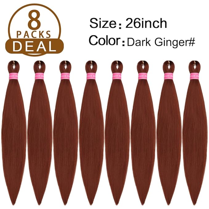 AQINBEL Braiding Hair 26 Inches 8 Bundles/Pack Pre Stretched Braiding Hair Ginger Braiding Hair Pre Stretched Itch Free Yaki Texture Hot Water Setting Hair for Braiding Extensions (350#-Dark Ginger)