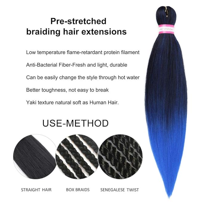 Dorsanee Ombre Blue Braiding Hair Pre Stretched 20 Inch 6 Packs Braiding Hair Extensions for Crochet Box Braids Twists Locs Hair Itch Free Soft Yaki Texture Hot Water Setting (20inch,#1B/Blue)