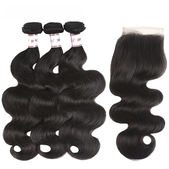 Karbalu Bundles with Closure Brazilian Body Wave 3 Bundles with Closure Virgin 100% Unprocessed Human Hair Extensions 4x4 Free Part Lace Closure Natural Color (18 20 22+16)