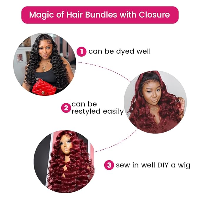 Loose Wave Bundles With Closure Burgundy Color Human Hair Loose Deep Wave Brazilian Virgin Hair 3 Bundles With 4x4 Lace Closure 1B99j Ombre Human Hair Bundles 70g/Bundle (24 26 28+22)