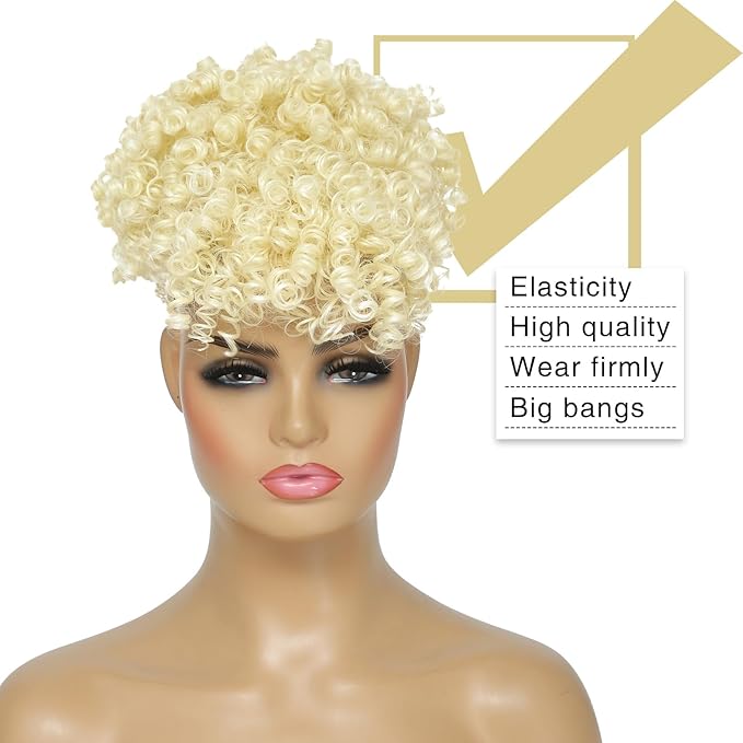 ENTRANCED STYLES Drawstring Ponytail with Bangs Afro Puff Ponytail Extensions for Women Short Curly Puff Ponytail with Bangs Clip in Wrap Updo Hairpiece for Women (613#)