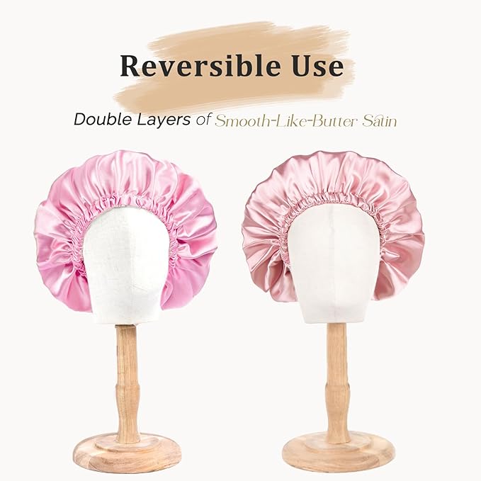 YANIBEST Adjustable Satin Bonnet Double Layer Hair Bonnet for Sleeping Bonnets for Women Hats Curly Natural Hair, Pink