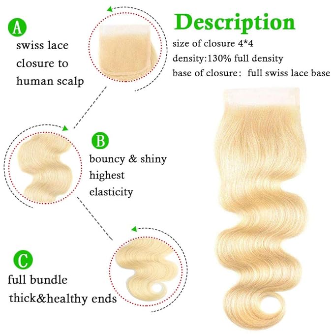 613 Blonde Body Wave Bundles Human Hair with Closure (14 16 18+12") 12A Grade Brazilian Virgin 613 Blonde Body Wave Human Hair 3 Bundles with Transparent Lace Closure