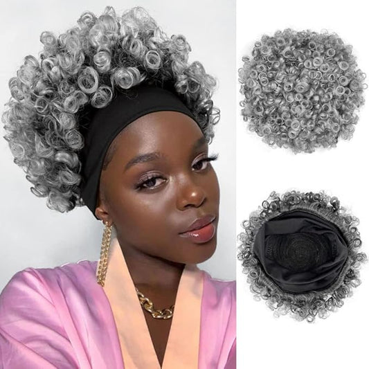 Afro Wigs for Black Women Glueless,Short Kinky Curly Wig with headbands attached Synthetic with 2 Clips(Tgray)