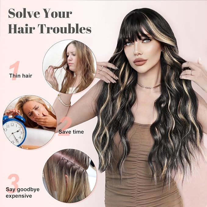 ALXNAN Clip in Long Wavy Synthetic Hair Extension 24 Inch Black with Blonde Highlights 4PCS Thick Hairpieces Fiber Double Weft Hair for Women