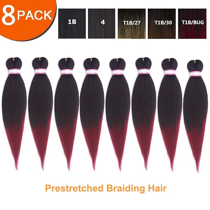 Dorsanee Ombre Burgundy Braiding Hair Pre Stretched 20 Inch 8 Packs Braiding Hair Extensions for Crochet Box Braids Twists Locs Hair Itch Free Soft Yaki Texture Hot Water Setting (20inch,#1B/Bug)