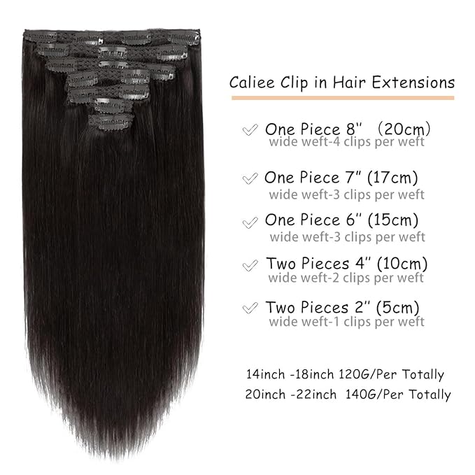 Caliee Clip in Hair Extensions - Human Hair, Dark Brown, Real, Double Weft Lace, 22Inch, 140G, 7PCS