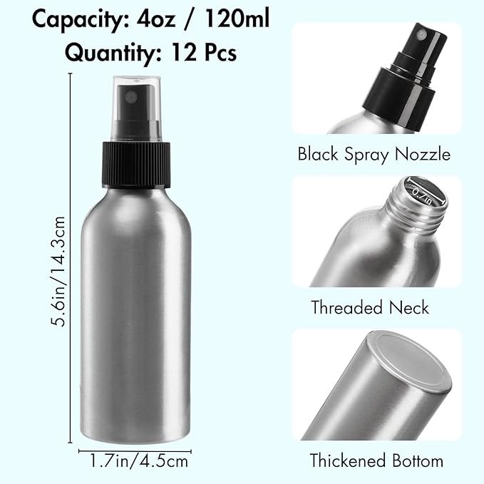 Youeon 12 Pack 4 Oz Fine Mist Spray Bottles, Reusable Aluminum Empty Spray Bottles, Small Refillable Bottle for Travel, Cosmetic, Perfume, Toner, Essential Oil Storage, Leak Proof
