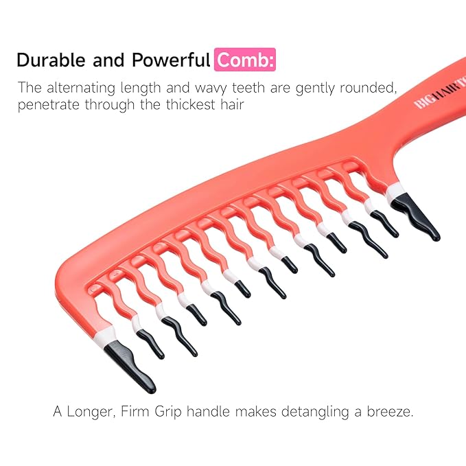 Big Hair Tools Extra Large Wide Tooth Comb for Thick, Curly, Wavy or Long Hair - Frizz-Free Detangling Shower Comb - Orange