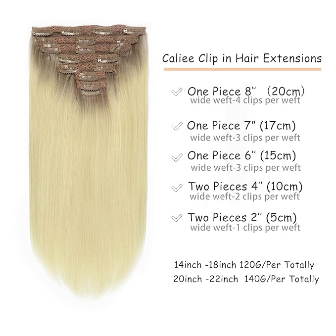 Caliee 14 Inch Human Hair Extensions Clip in R20/60A Ombre Sunkissed Blonde Roots to Platinum Blonde Clip in Hair Extensions Remy Hair Full Head Silky Straight Natural Hair Extensions 120G 7PCS