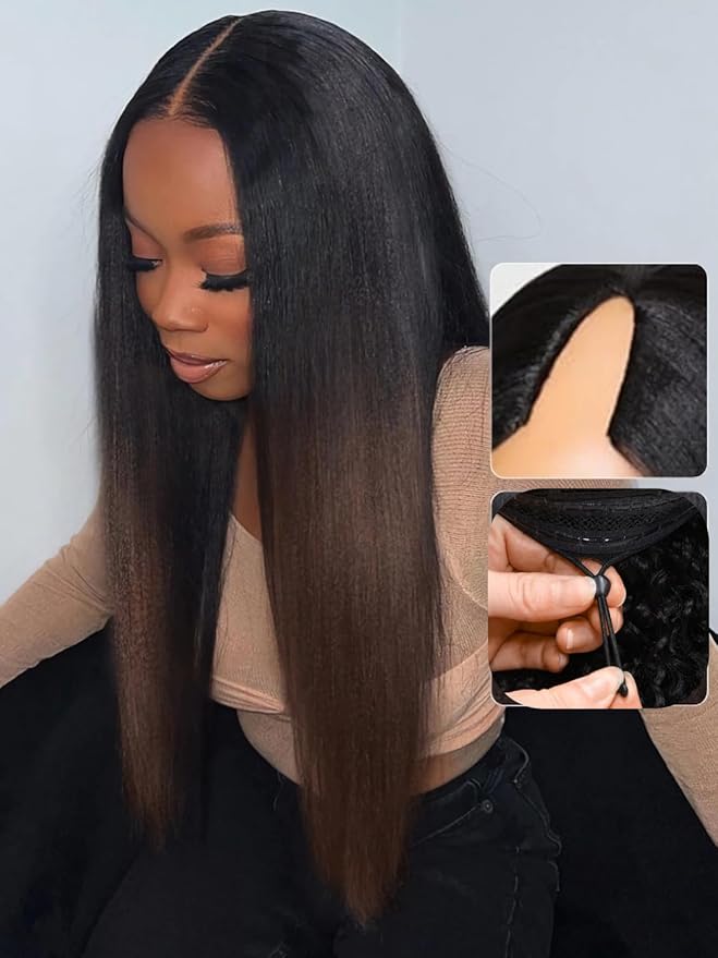 Julia Hair V Part Yaki Glueless Human Hair Wig Seamless Edge Clip in Half Wig Vpart Wigs No Sew in No Glue Ombre Chestnut Brown Upgrade U Part No Leave Out Beginner Friendly 18 Inch
