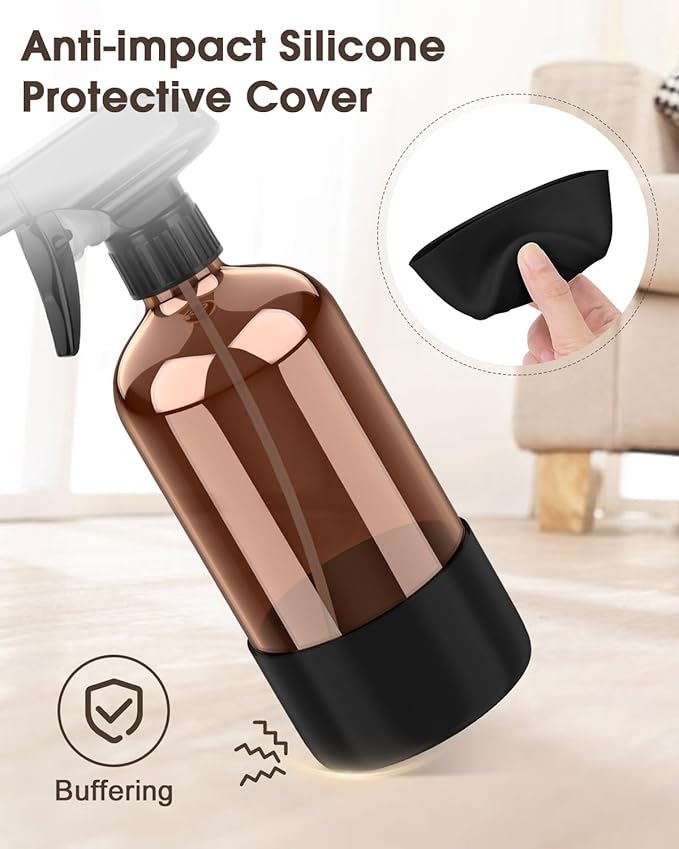 Glass Spray Bottle with Silicone Sleeve Protection, Amber Glass Spray Bottle Set for Window Cleaner Aromatherapy Facial Hydration Watering Flowers Hair Care 2 Pack/16 oz (Black & Grey, 16 oz)