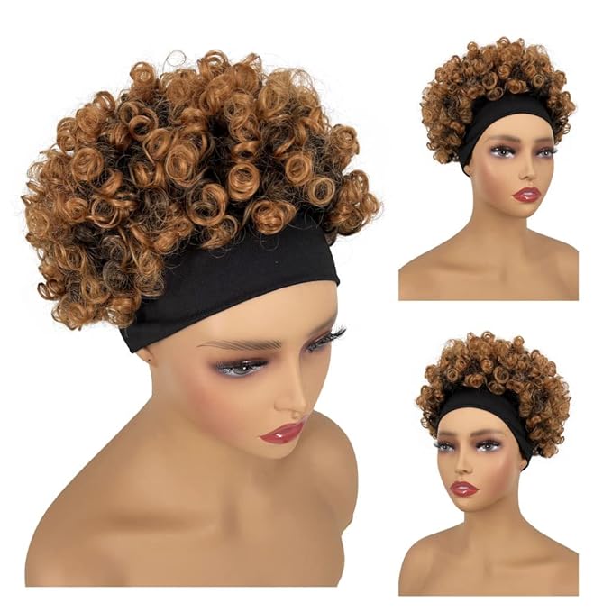 Afro Wigs for Black Women Glueless,Short Kinky Curly Wig with headbands attached Synthetic with 2 Clips(BrownT30)