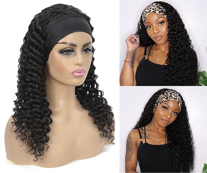 22Inch Headband Wigs Human Hair Deep Wave Wig Glueless Headband Wig Deep Wave None Lace Front Wigs Headband Wig Machine Made Wigs Curly Hair Natural Color