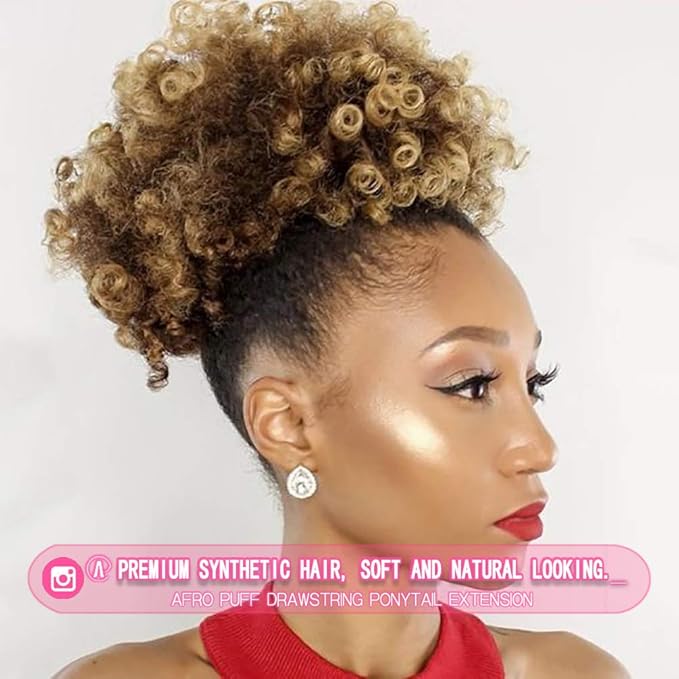 rosmile Afro Puff Drawstring Ponytail Extension for Black Women, Premium Ombre Brown T1B/27# 80gram Short Synthetic Afro Puff Ponytail for Natural Hair, Clip On Kinky Drawstring Curly Ponytail Bun