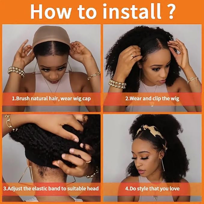 XSY Headband Wig Human Hair for Black Women Kinky Curly Headband Half Wigs Glueless Brazilian Hair 150% Density Natural Colour 24 Inch