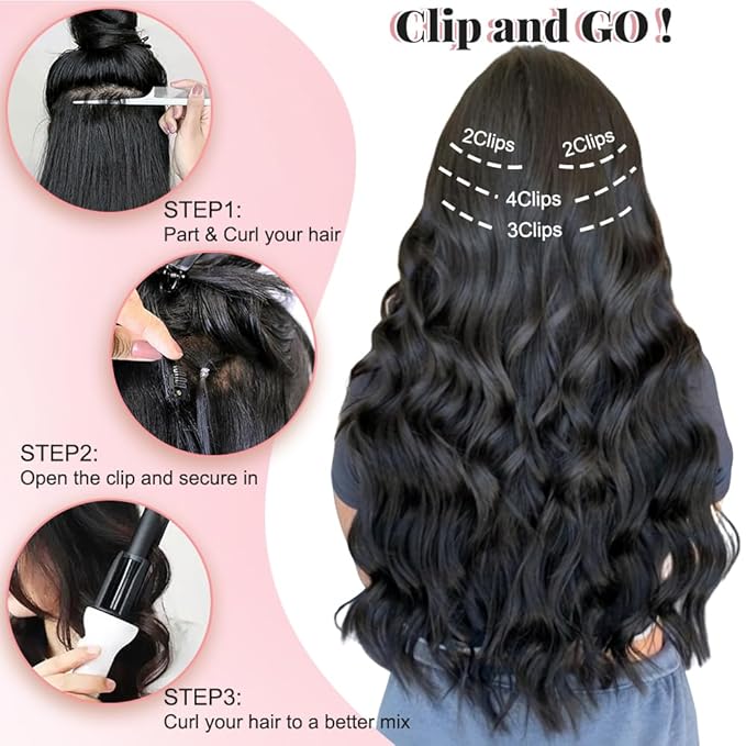 ALXNAN Clip in Long Wavy Synthetic Hair Extension 24 Inch Black&Dark mix light brown 4PCS Thick Hairpieces Fiber Double Weft Hair for Women